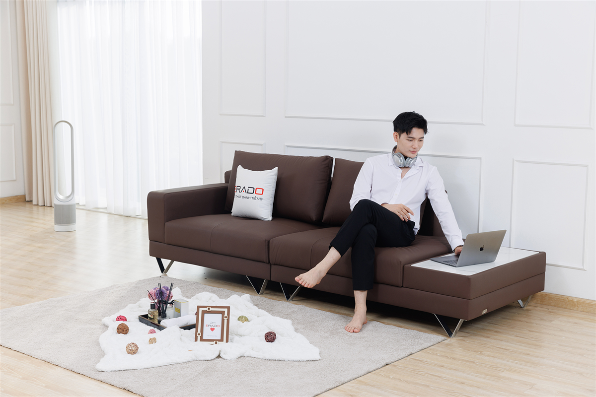 Sofa da đi kèm táp đá cho phòng khách nhỏ AM26-L4