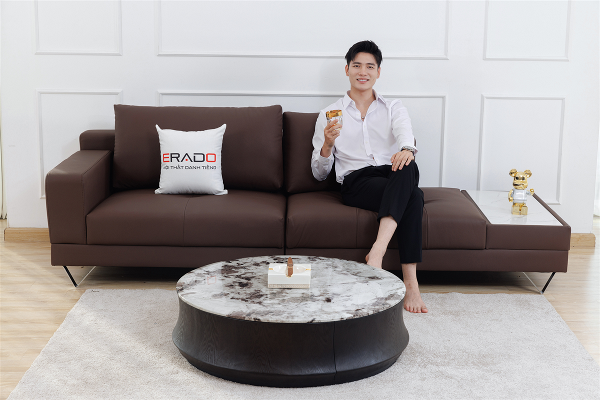 Sofa da đi kèm táp đá cho phòng khách nhỏ AM26-L4