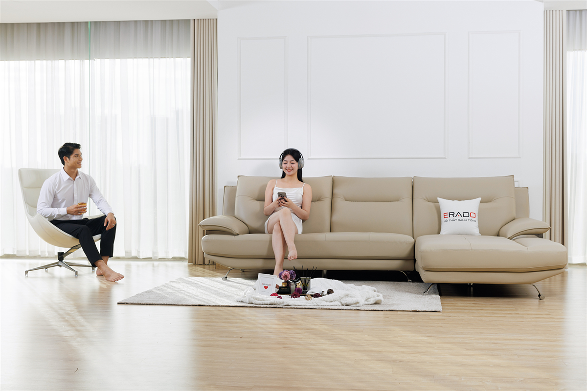 Sofa da màu be sáng sang trọng M49-2