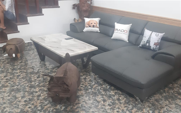 Phòng khách sinh động với mẫu sofa góc kèm đôn thú bọc da tại nhà chị Hồng ở Nam Định