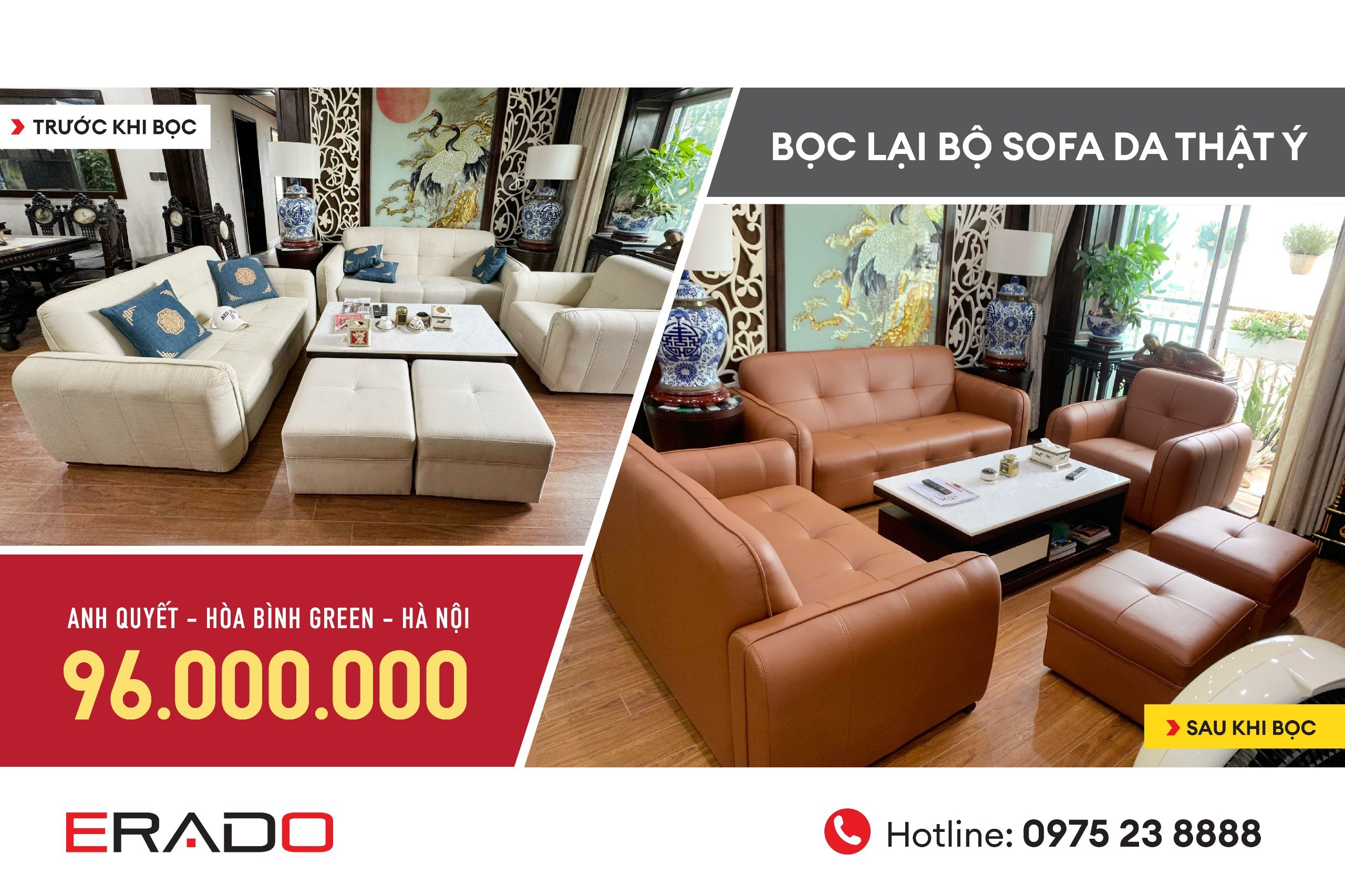 ERADO BÀN GIAO BỘ SOFA BỌC LẠI DA BÒ THẬT Ý 96.000.000 CHO ANH QUYẾT HOÀ BÌNH GREEN CITY